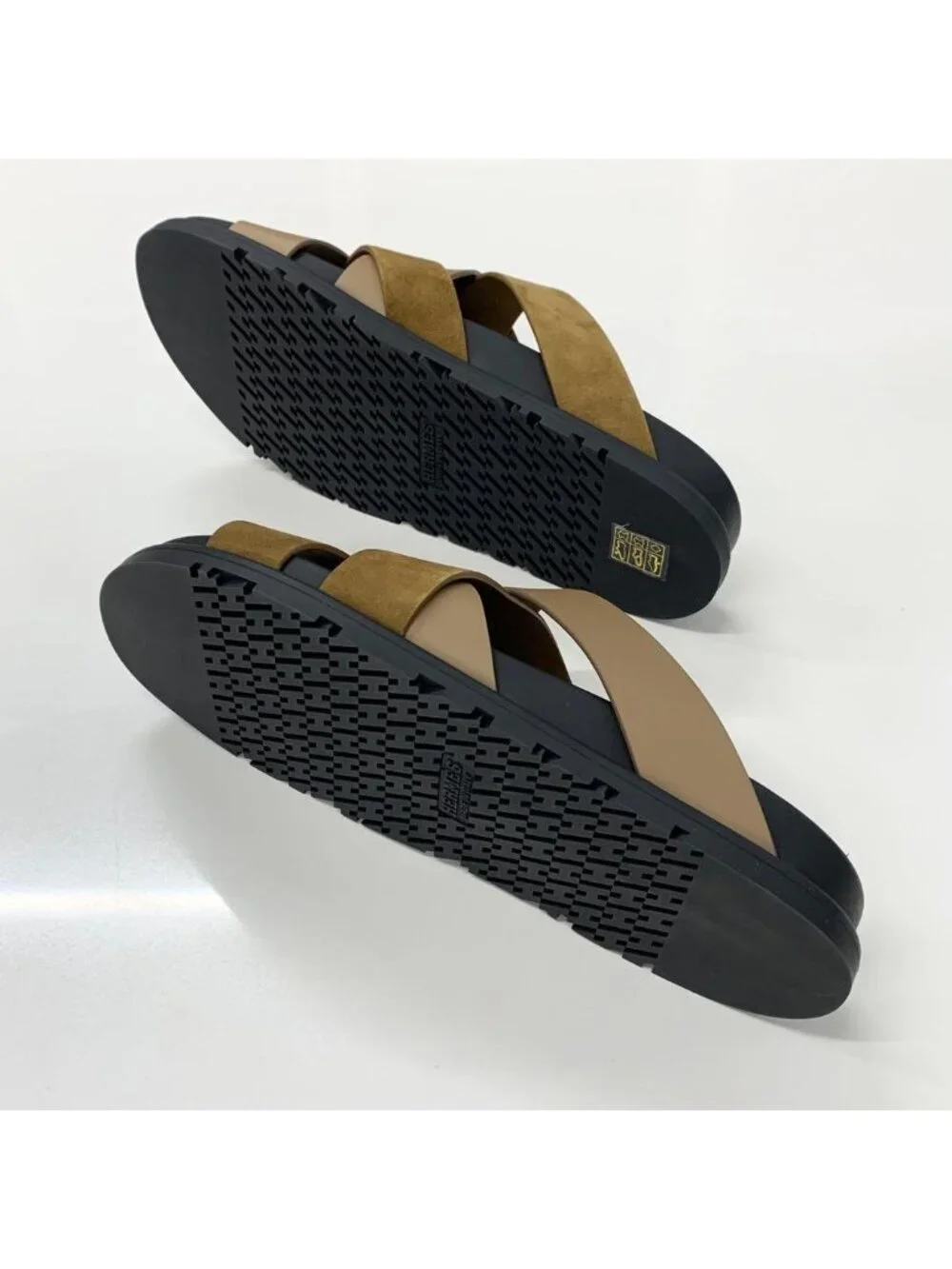 Hermes Casimir Leather Suede Flat Sandals Brown